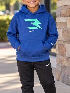 Nike Boys Therma-FIT Blue Pullover Hoodie Green Logo Size 6 - O